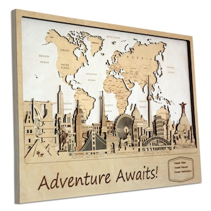 Regalo personalizado para parejas, decoración de la pared del hogar, mapa del mundo, arte de pared de madera enmarcado, mapa de viaje, alfiler de empuje, mapa del mundo de madera, regalo del quinto aniversario para el marido