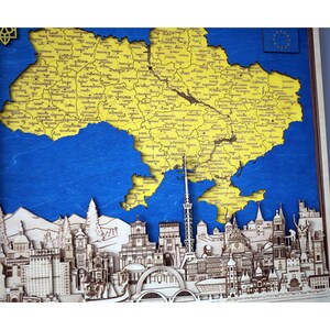 Mapa de Ucrania, decoración de pared para el hogar, arte de pared de madera, decoración de horizonte de Ucrania, monumentos de Ucrania, regalo étnico, decoración de pared, recuerdo ucraniano