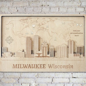 Milwaukee Wall Art Home Decor Personalize Housewarming Gift Push Pin World Map Milwaukee Skyline Art Travel Room Decor 3D City Wood Wall Art