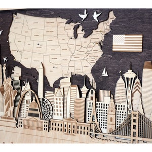 US American Map Home Wall Art Wandbild, Karte mit Druckknopf, Landkarte der USA, USA, 2019 Karte