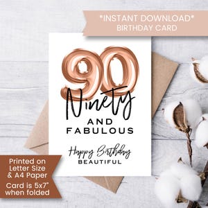 Tarjeta imprimible de 90 cumpleaños para abuela, madre, noventa y fabulosa tarjeta de cumpleaños para amiga, nonagésimo hito, instantánea, digital