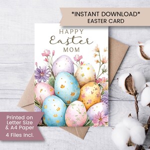 May include: A watercolor Easter card with the text "Happy Easter Mom." The card features colorful Easter eggs and flowers. The text "*INSTANT DOWNLOAD* EASTER CARD" is at the top. The card is printed on letter size and A4 paper.