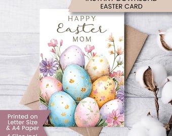 Biglietto di auguri pasquale con fiori di campo stampabile per la mamma, biglietto di auguri floreale con uova di Pasqua per lei, biglietto di auguri boho, Cottagecore, file digitale