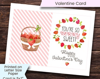 Strawberry Valentines Day Card,  Strawberry Valentines Card, Kids Valentine Card, Berry Sweet Card, Printable, Digital, Download