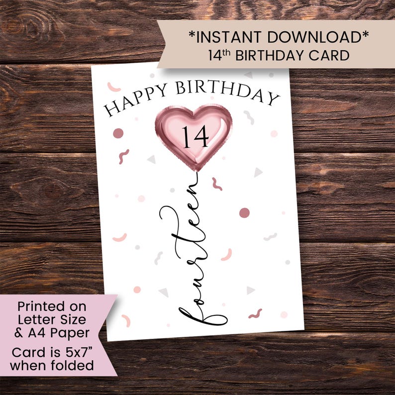 Printable 14th Birthday Card for Daughter, Heart 14 Birthday Card for ...