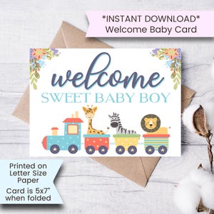 Printable New Baby Boy Card for Baby Shower, Welcome Baby Card, Congratulations, Train, Digital Download