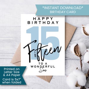 Tarjeta de cumpleaños número 15 para un hijo maravilloso, tarjeta de cumpleaños para un hijo de 15 años, tarjeta de cumpleaños para un niño, adolescente, quince años, descarga instantánea, digital