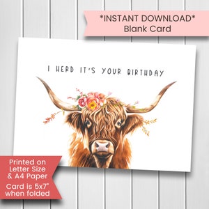 Highland Cow Geburtstagskarte, Geburtstagskarte mit Kuh, druckbare Highland Kuh Geburtstagskarte, Highland Cattle Coos, druckbar, digital, Download