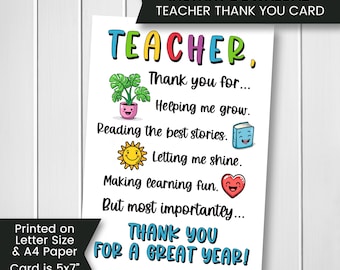Printable Thank You Card for Teacher, Year End Teacher Card, Teacher Appreciation Gift, Digital Download