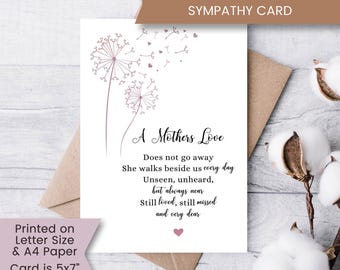 Printable Sympathy Card for Loss of Mother, Sorry For Your Loss Card, Dandelion Thinking of You Card, Condolences, Instant Download, Digital