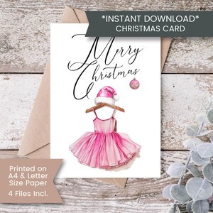 May include: A printable Christmas card featuring a pink tutu with a Santa hat on top. The card says "Merry Christmas" in cursive.