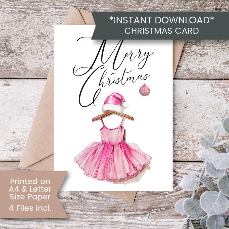 May include: A printable Christmas card featuring a pink tutu with a Santa hat on top. The card says "Merry Christmas" in cursive.