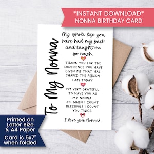 Carte d'anniversaire imprimable pour Nonna, carte d'anniversaire pour la meilleure Nonna, carte d'anniversaire de petit-enfant, merci, grand-mère, téléchargement numérique