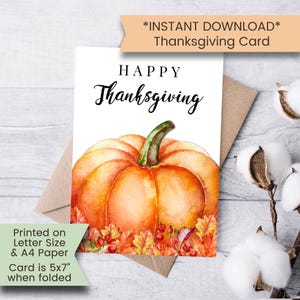 Cartão de Ação de Graças para Imprimir para a Família, Cartão de Feliz Ação de Graças para Amigos, Cartão de Abóbora Laranja com Folhas de Outono, Digital, Download