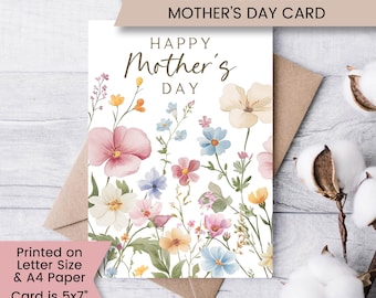Utskrivbart mors dag-kort med vildblommor, mors dag-kort med pressade blommor, blommigt kort, boho-hälsningskort, Cottagecore, digital nedladdning