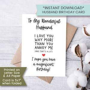 Cartão de aniversário engraçado para marido para impressão, cartão de aniversário para o melhor marido, cartão de aniversário da esposa, para meu marido, para alma gêmea, digital
