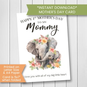 Cartão do primeiro dia das mães do bebê elefante para impressão, primeiro cartão do dia das mães, cartão do dia das mães da menina, para impressão, download digital