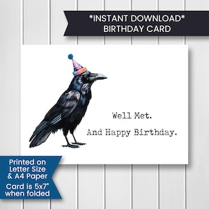 Printable Crow Birthday Card, Well Met Birthday Card For Teenager For Son, Raven Gaming Card For Gamer, Digital Download, Instant Download