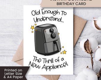 Tarjeta de cumpleaños imprimible con diseño de freidora de aire para él, tarjeta de cumpleaños divertida para sobrino, para celebrar que se hace mayor, descarga digital.