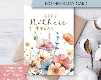 Printable Wildflower Mother's Day Card, Pressed Flowers Mothers Day Card, Floral Card, Boho Greeting Card, Cottagecore, Digital File