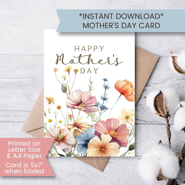 Afdrukbare Moederdagkaart met wilde bloemen, geperste bloemen Moederdagkaart, bloemenkaart, boho-wenskaart, Cottagecore, digitaal bestand