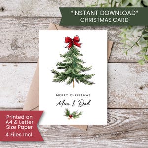 May include: A Christmas card with a watercolor illustration of a green Christmas tree topped with a red bow. The card reads "Merry Christmas Mom & Dad." The words "*INSTANT DOWNLOAD* CHRISTMAS CARD" are at the top.
