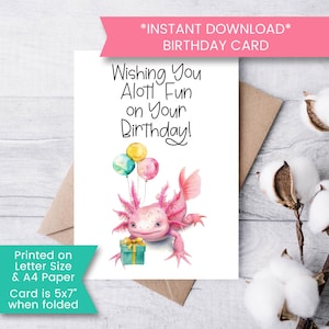 Axolotl Geburtstagskarte für Freund, druckbare Axolotl Geburtstagskarte, rosa Axolotl Karte, für Kindergeburtstag für Mädchen Jungen, printable Download