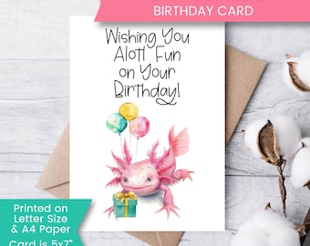 Axolotl Birthday Card for Friend, Printable Axolotl Birthday Card, Pink Axolotl, For Kids Birthday, Digital, Instant, Printable Download