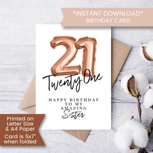 Carte d'anniversaire imprimable pour sœur, carte d'anniversaire importante pour elle, cadeau d'anniversaire pour sœur, vingt et un, instantané, numérique