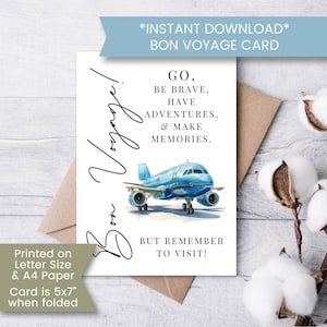 Puede incluir: Tarjeta Bon Voyage con una ilustración de un avión azul. La tarjeta incluye el texto: "Go, Be Brave, Have Adventures, & Make Memories. But Remember to Visit!" y "Bon Voyage!"