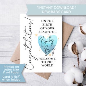 New Baby Boy Card: Welcome Baby, Congratulations (Digital Download, 5x7&quot; PDF/JPEG)