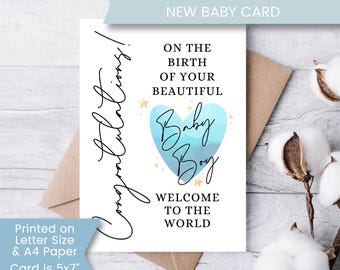 New Baby Boy Card: Welcome Baby, Congratulations (Digital Download, 5x7" PDF/JPEG)