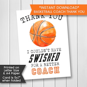 Tarjeta de agradecimiento del entrenador de baloncesto imprimible para el entrenador, gracias por el entrenador asistente de baloncesto, tarjeta de agradecimiento por la tarjeta de agradecimiento al entrenador