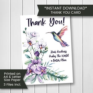 Druckbare Kolibri Dankeskarte für Freund, Orchidee Dankeskarte für Sie, Besondere Dankeskarte für Mitarbeiter, Blanko Karte, Digital