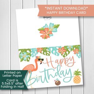 Flamingo Birthday Card, Flamingo Card, Printable Tropical Birthday Card ...