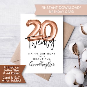 Cartão de aniversário de 20 anos para neta, cartão de aniversário de 20 anos para neta, cartão de vigésimo aniversário, download instantâneo, digital