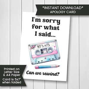 Can We Rewind Apology Card Printable, Funny I'm Sorry Card, Apology Card for Friend, Cassette, for Him, for Her, Card for Friend, Digital