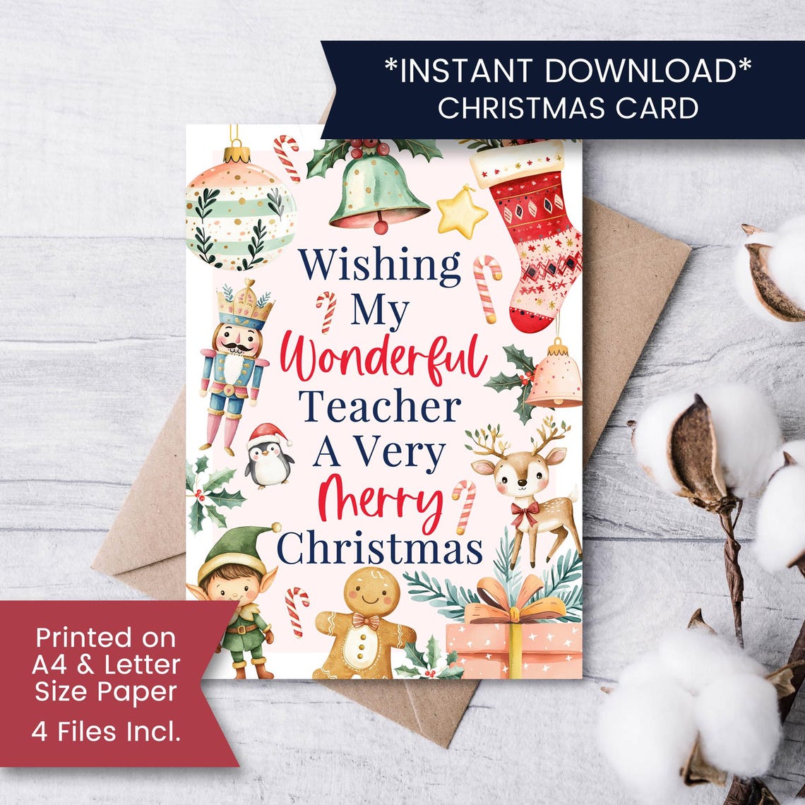 Printable Christmas Card for Teacher, Teacher Christmas Card From