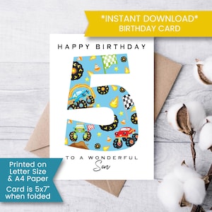 Tarjeta de cumpleaños de Monster Truck para hijo, tarjeta imprimible para el quinto cumpleaños, tarjeta de Monster Truck para el quinto cumpleaños de su hijo, cinco, descarga digital instantánea
