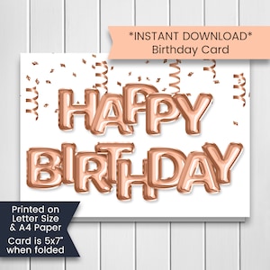 Druckbare Ballon Geburtstagskarte, alles Gute zum Geburtstagkarte für sie, Rose Gold Folienballons, für Freunde, für Teenager, digitaler Download