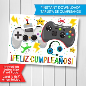 Cartão de aniversário de videogame para impressão em espanhol, Tarjeta De Feliz Cumpleanos, Cartão de jogador, Para menino, Para filho, Download digital para impressão