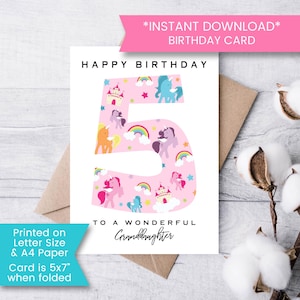 Carte d'anniversaire petite-fille 5 imprimable, carte de 5e anniversaire licorne, cinquième carte d'anniversaire de poney pour anniversaire de fille, téléchargement immédiat