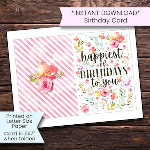 Printable Birthday Card, Floral Happy Birthday Card, Flowers, Watercolor, Greeting Card, Girl, for Friend, Printable, Digital, Cottagecore image 1