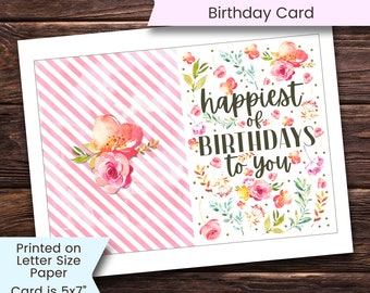 Printable Birthday Card, Floral Happy Birthday Card, Flowers, Watercolor, Greeting Card, Girl, for Friend, Printable, Digital, Cottagecore