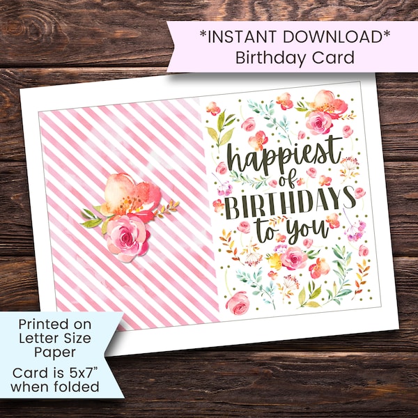 Printable Birthday Card, Floral Happy Birthday Card, Flowers, Watercolor, Greeting Card, Girl, for Friend, Printable, Digital, Cottagecore