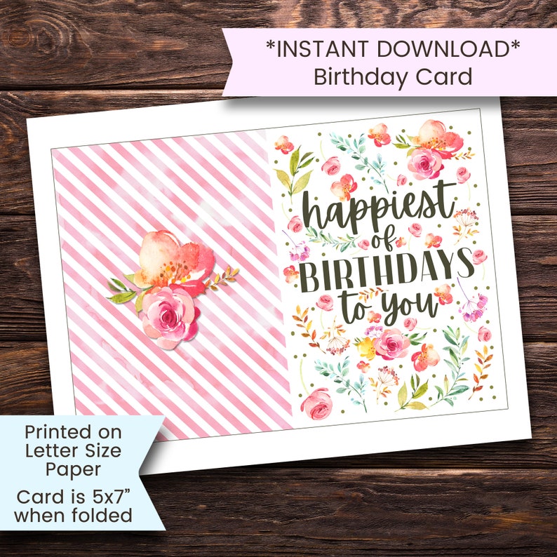 Printable Birthday Card, Floral Happy Birthday Card, Flowers, Watercolor, Greeting Card, Girl, for Friend, Printable, Digital, Cottagecore image 1