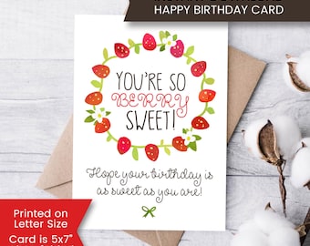 Strawberry Birthday Card for Her, Printable Birthday Card with Strawberries, Berry Sweet Birthday Card, Digital Download