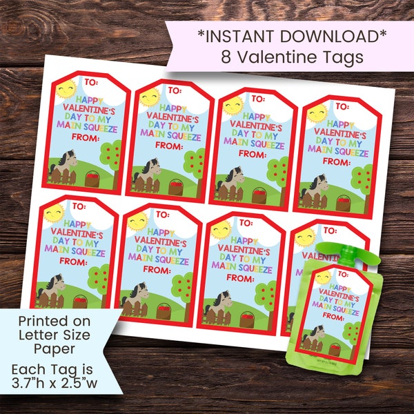 Valentine's Day Treat Tags, Printable Valentines Day Tags, Kids Valentines Day Cards, Farm, Horse, Kids Valentines, Printable, Digital