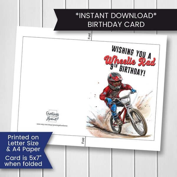 BMX Bike Birthday Card Printable BMX 9th Birthday Card, Ninth Birthday Card For Son, for Boy, Bike Racing, Printable, Digital, Download