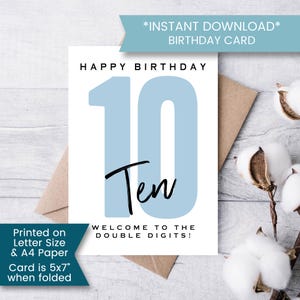 Cartão de aniversário de 10 anos para impressão para filho, cartão de aniversário de dois dígitos para sobrinho, cartão de décimo aniversário para crianças, aniversário de menino, instantâneo, digital